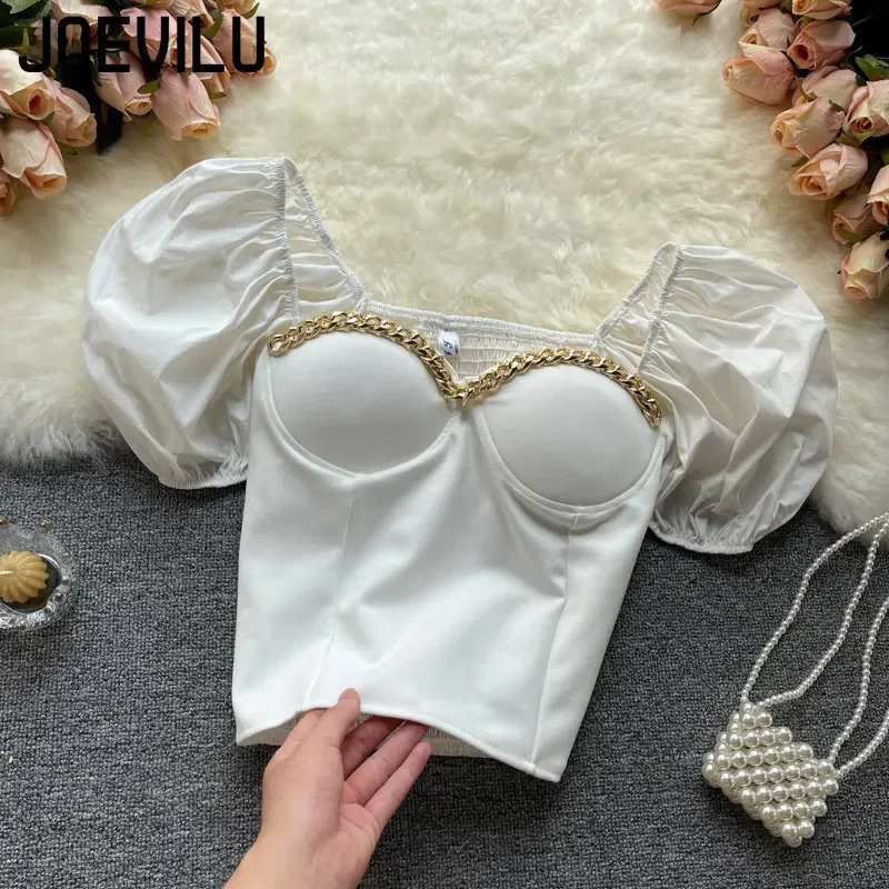 Belly Button Shirt Chic Chain Off Shoulder Expose Clavicle Tank Top Summer Puff Sleeve Crop Tops Women Elegant Sexy Slim Blouses 250222