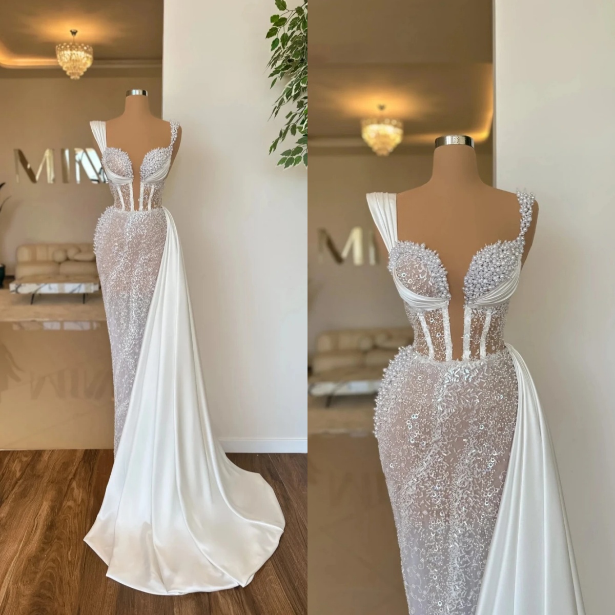 Evening Dresses For Women Sweetheart Neck Sleeveless Gown Sequins Pearls Customized Dress