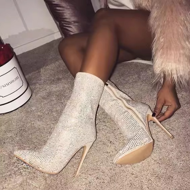 Sophisticated Women's High Heel Footwear with Shimmering Stone Decorations