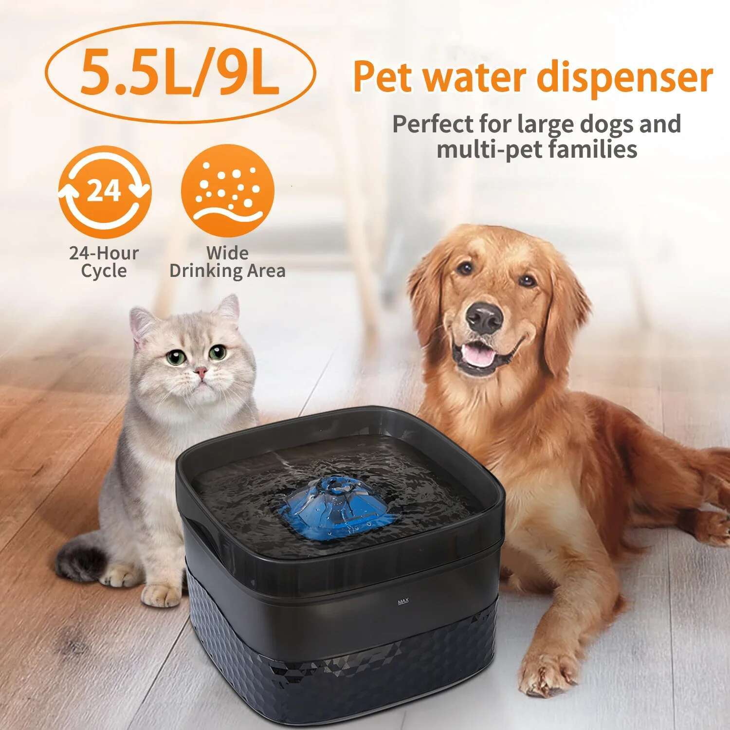 5.5L/9L Dog Bowl Pet Water Fountain with Ultra-Quiet Pump for Multiple Cats or Dogs Automatic Cat Drinking Dispenser