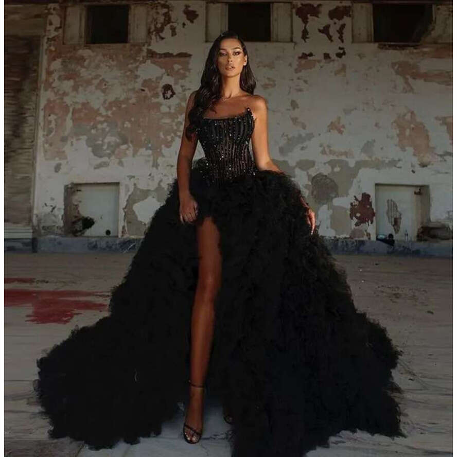 Black Fluffy Prom Dress Sleeveless High Split Tulle Ruffles Crystals Shiny Women Long Evening Formal Gowns Robe De Soiree Vestidos Feast
