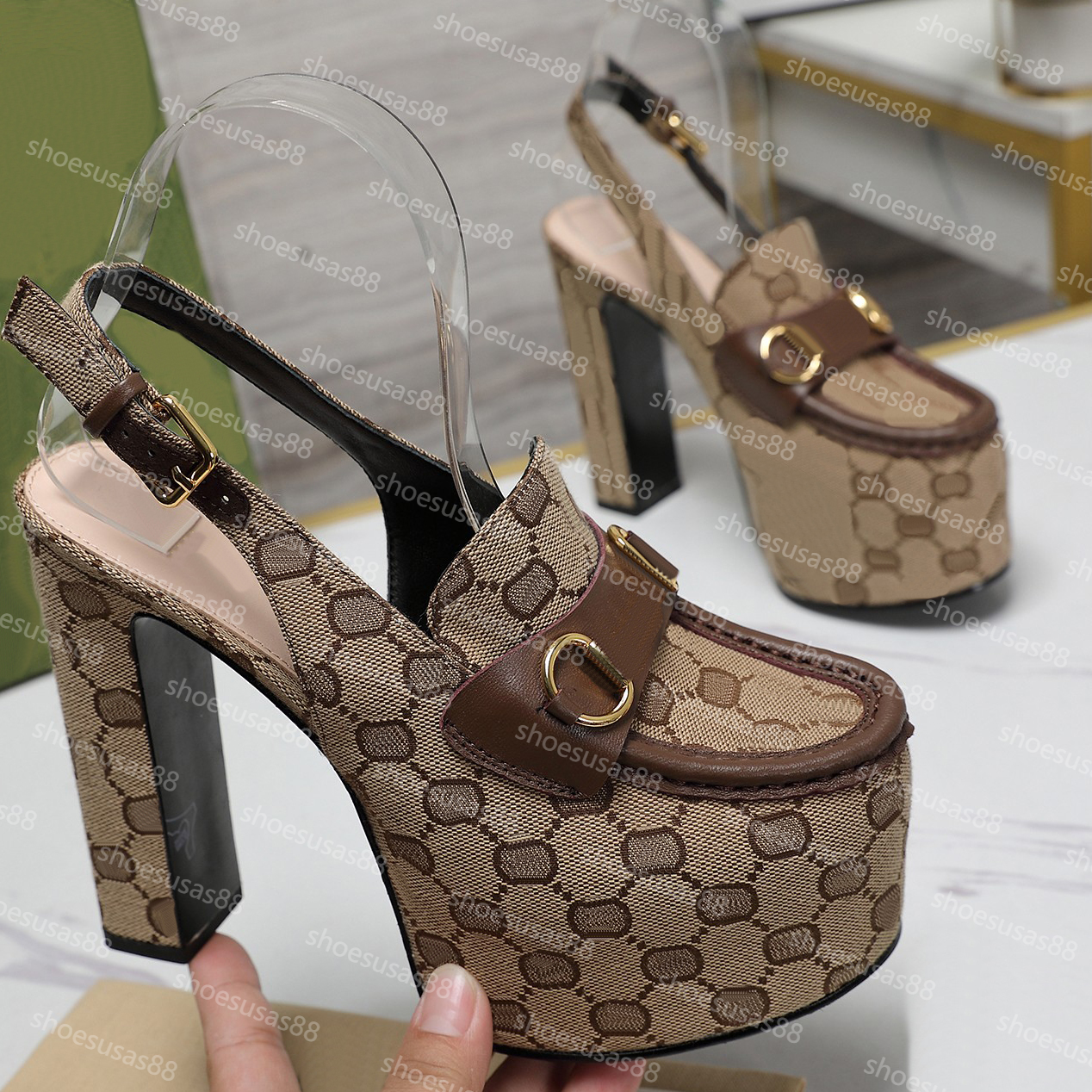 Dress Shoes Designer Women Chunky Heel Horsebit Platform Loafers Top Quality Luxury Leather Platform Horsebit Slingback Heels Shoes