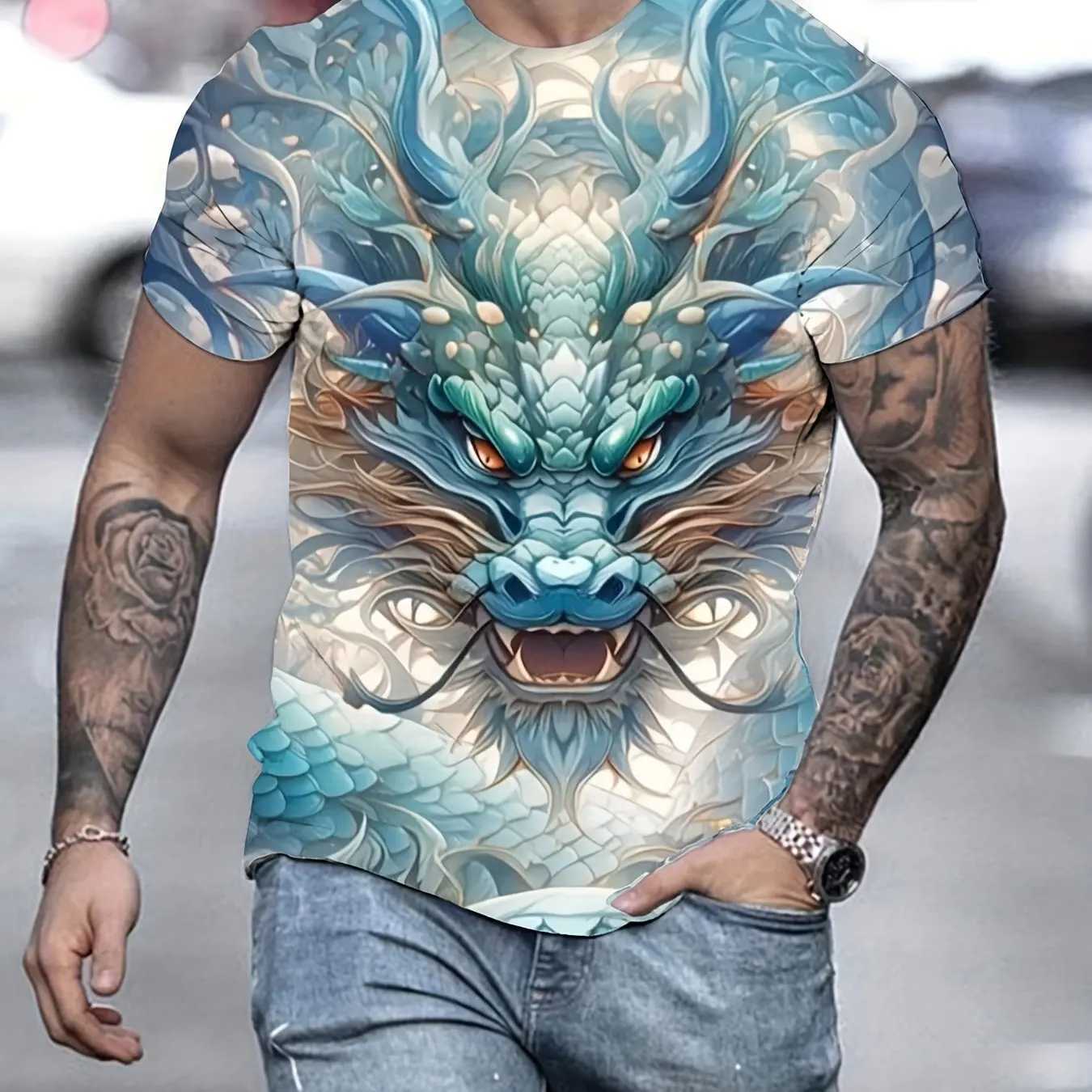 Mens fashionable 3D dragon print flower T-shirt casual slightly elastic breathable top suitable for outdoor summer W250224
