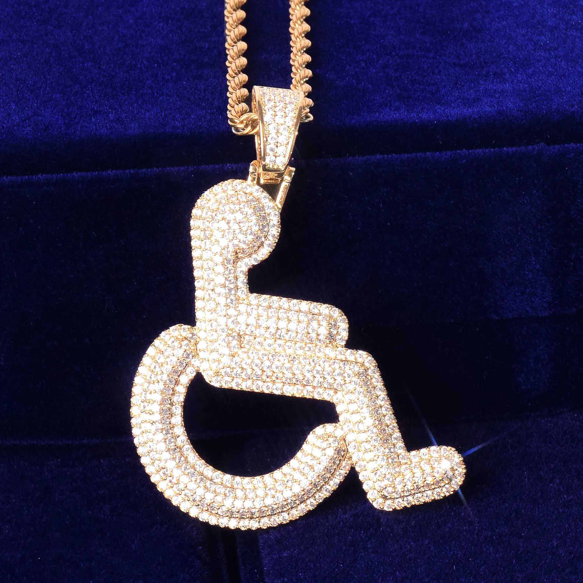 Bubble Letter Wheelchair Handicap Sign Pendant Necklace Gold Color Charm Bling Cubic Zircon Mens Hip hop Rock Jewelry X250224