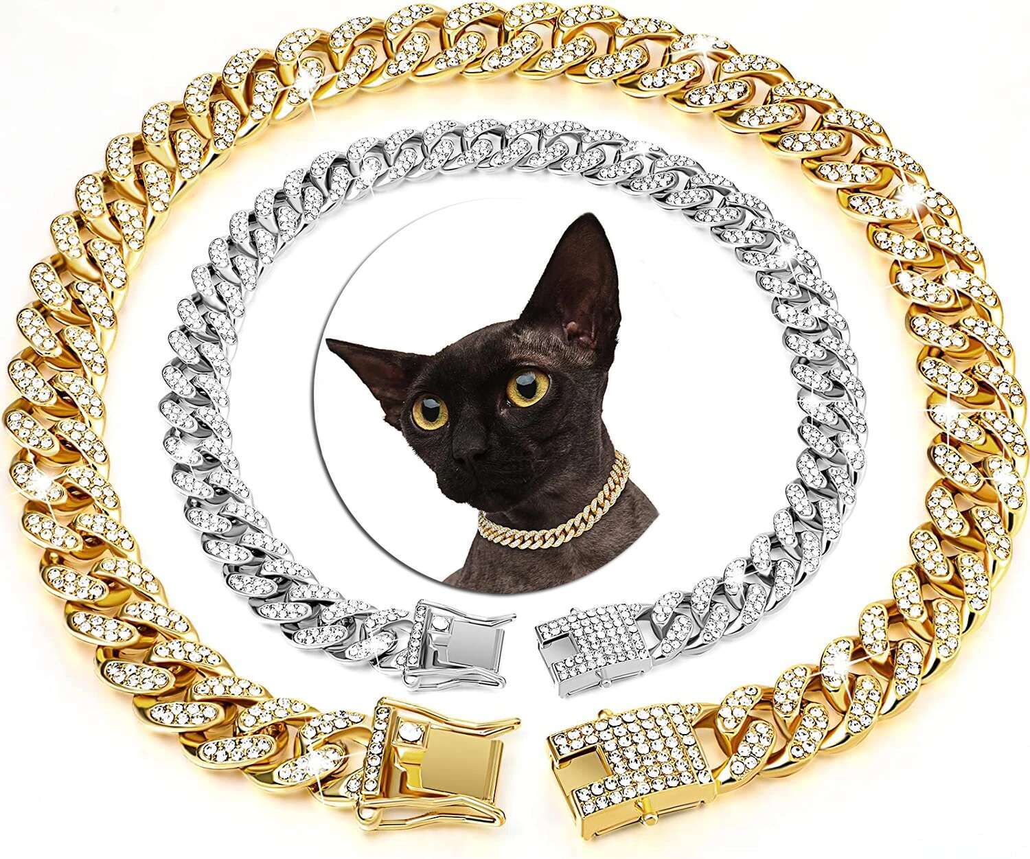Gold Cat Necklace Jewelry Rhie Pet Cuban Chain Collar Kitten Doggie Wedding Prom Costume Accessories for Cats Puppy