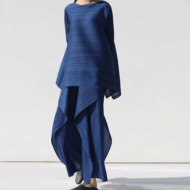 Donne Pieghettate Miyake Due Set Di Magliette A Maniche Lunghe Tops Ladies A Doppio Strato Pantaloni A Strati A Doppia Strati-image
