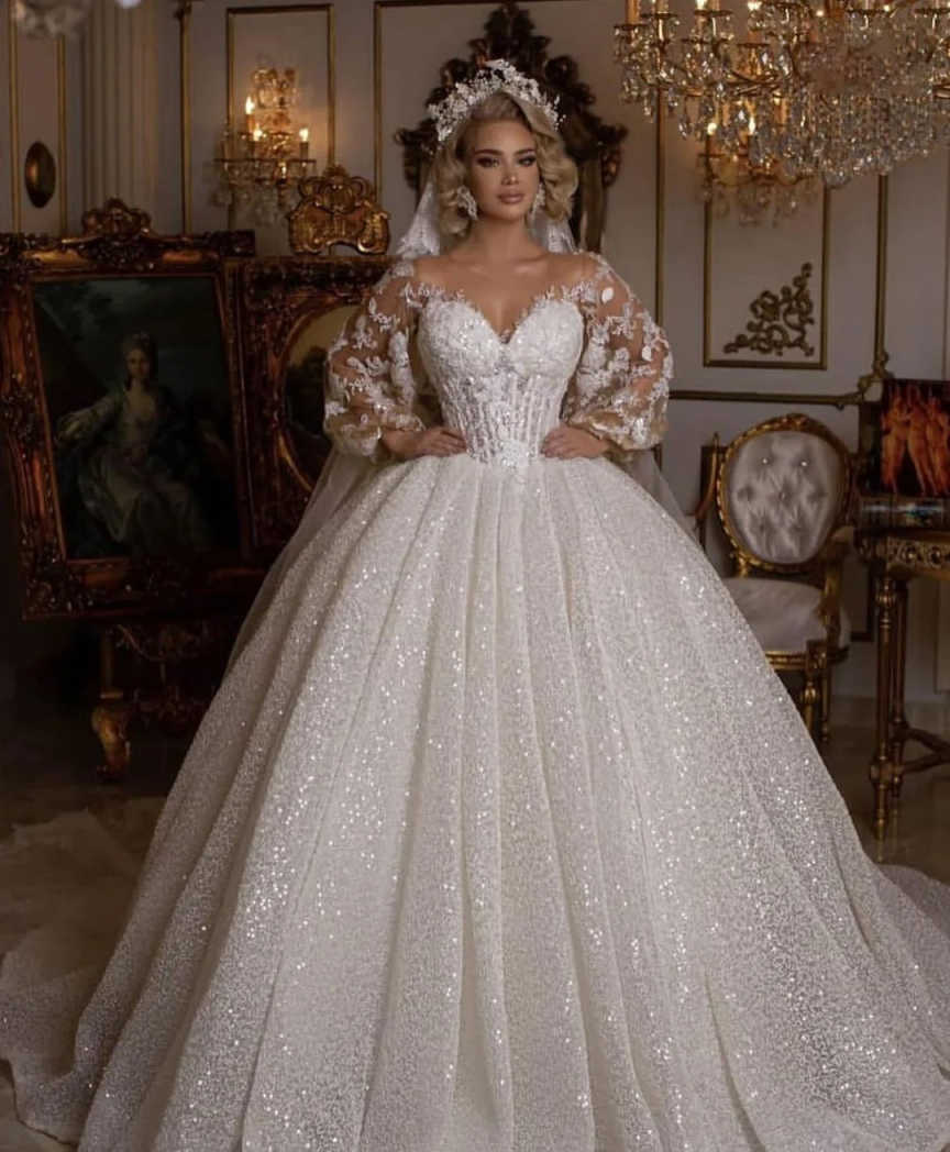 Princess A e Wedding Dresses Sheer Neck Lace Appliques Long Sleeve Bridal Gowns Illusion Sequined Bride Dress Customized