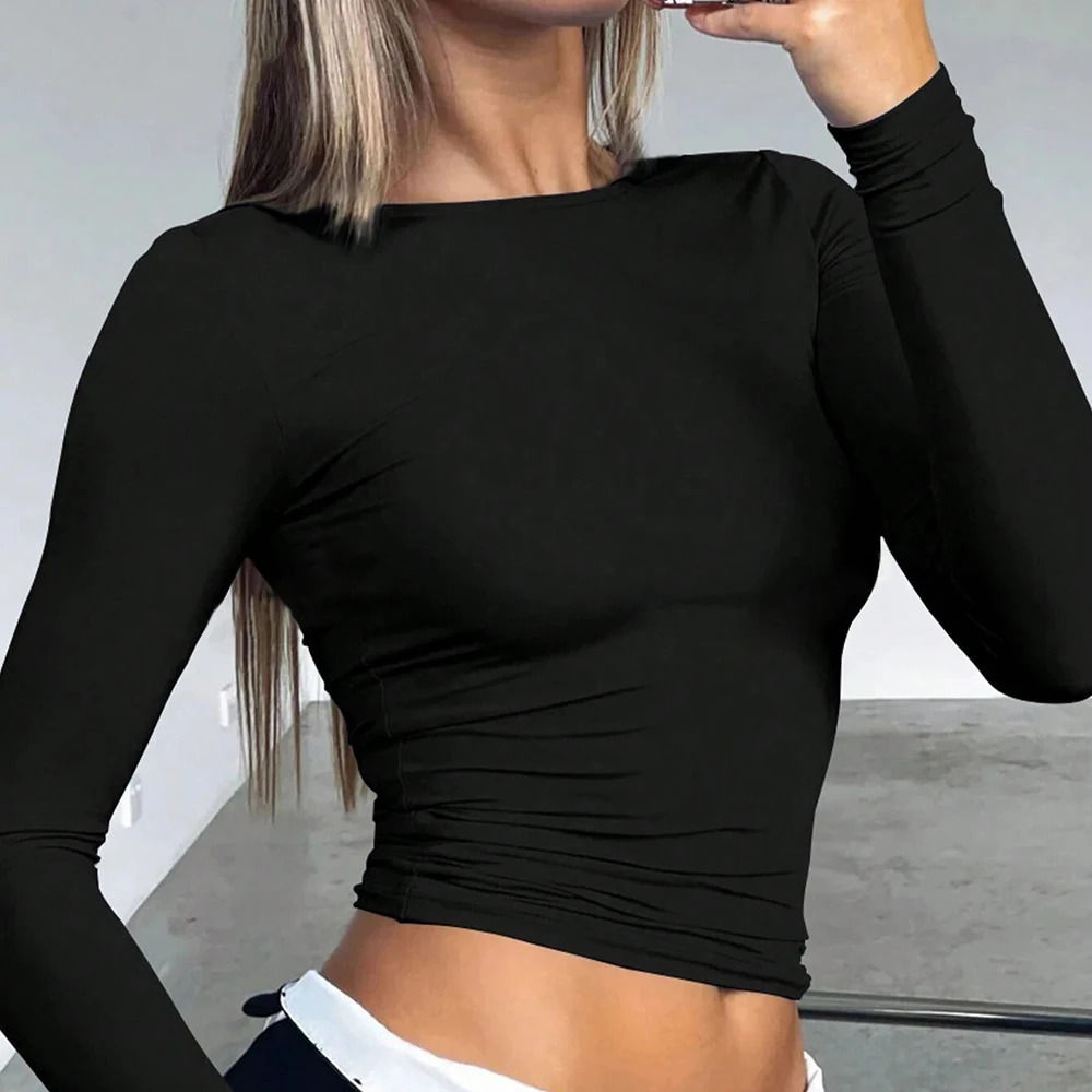 Mia Muse Autumn Winter Womens T shirts Casual Korean Simple Crew Neck Long Sleeve Basic All-match Crop Top 250224