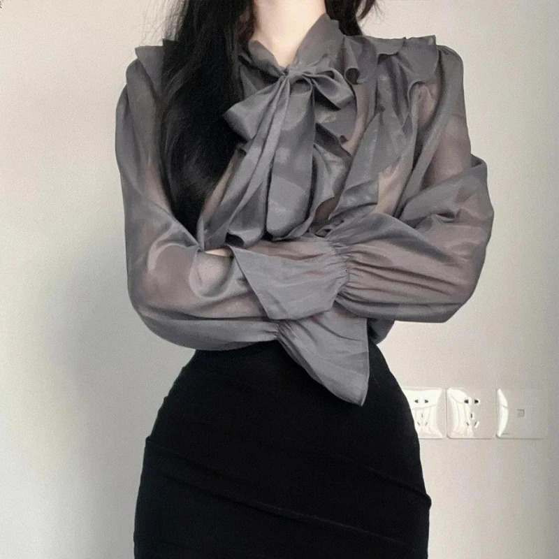 Spring Chiffon Shirt Fashion Office Womens Top Sweet Bow Shirt Womens Casual Long Sleeve Womens Clothing Blusas Mujer 13864 250224