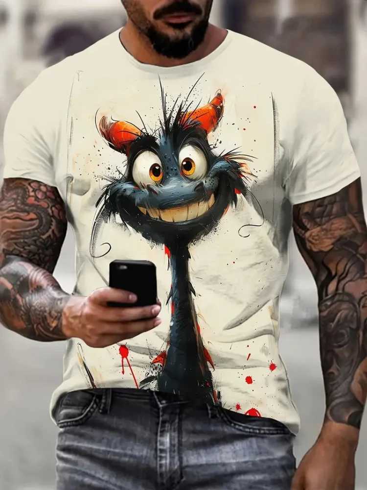 Interesting cartoon animal print mens fashionable short sleeved Harajuku street fashionable comfortable breathable mens T-shirt W250224