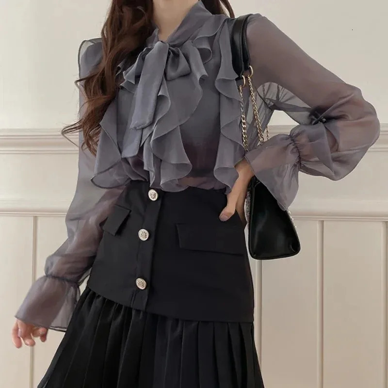 Spring Chiffon Shirt Fashion Office Womens Top Sweet Bow Shirt Womens Casual Long Sleeve Womens Clothing Blusas Mujer 13864 250224