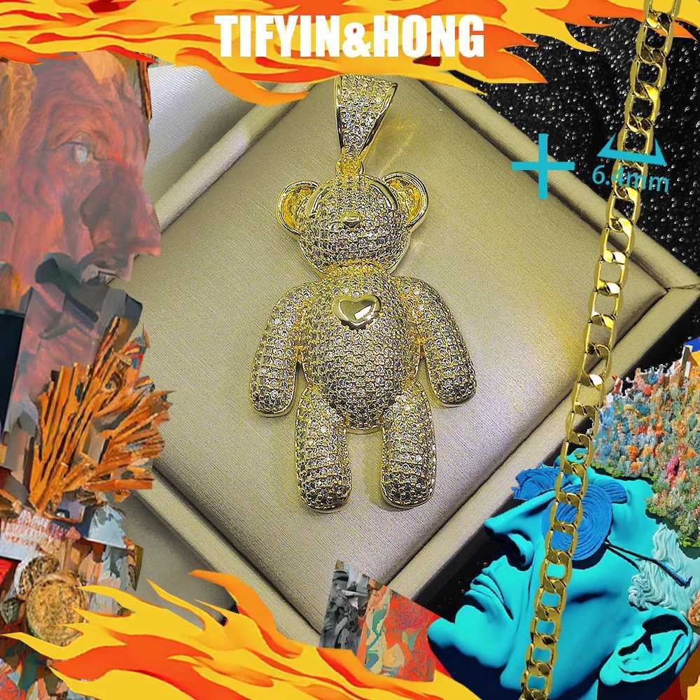 Hip hop luxury gold-plated necklace paired with teddy bear diamond pendant high-end custization rap street trend decoration X250224