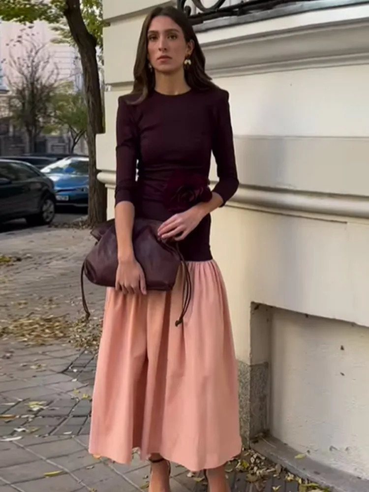 Elegant Contrast Spliced Pleated Maxi Hem Dress Womens Round Collar Long Sleeve Slim Robe Female Partywear Dresses 250222