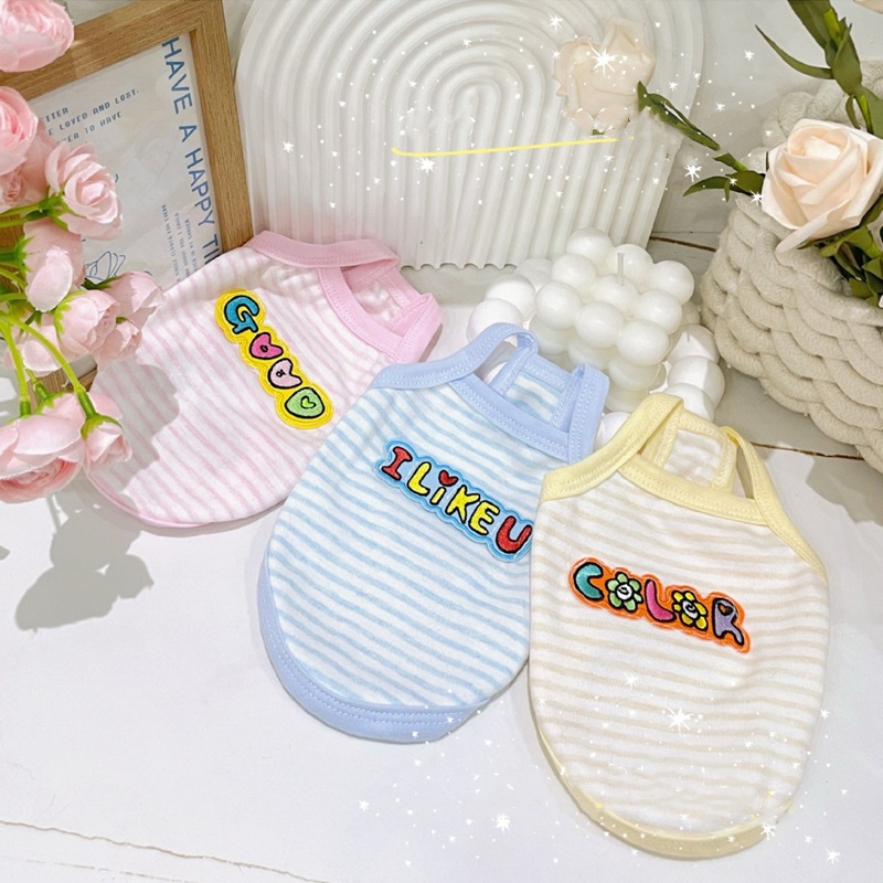 Puppy Kitten Pure Cotton Clothes with Letter Embroidery, Cool and Breathable Striped Pet Vest in Summer for Pup and Small Dog, Teacup, Pomeranian XXS 