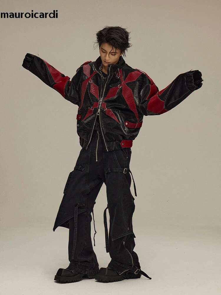 Mauroicardi Spring Autumn Cool Handsome Crocodile Print Patchwork Pu Leather Jacket Men Color Block Designer Clothes 2024