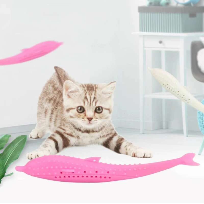 Brushing Teeth Cleaning Cat Stick Fish-shaped Silicone Toy Chew Resistant Interactive Toys Caip Pet Supplies