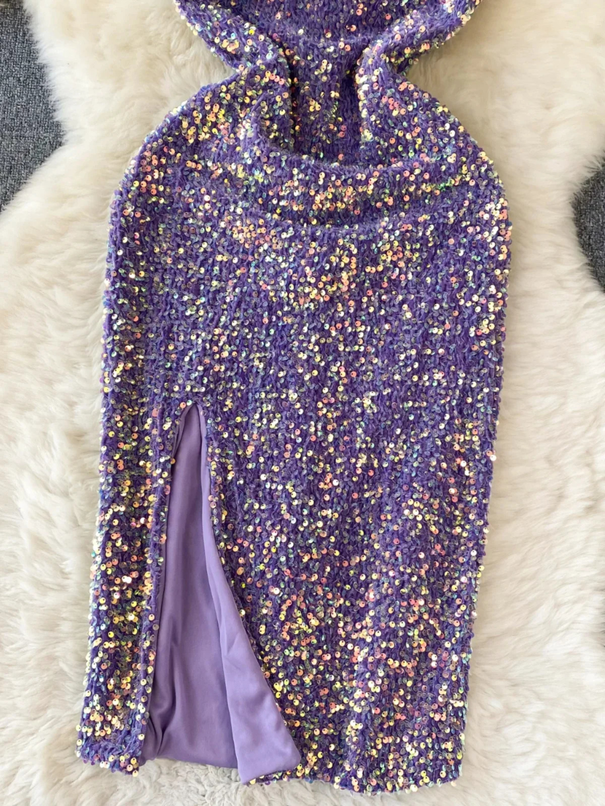 Women Sexy Long Midi Dress Purple Sequins Split Suspender Slim Fit Bodycon Party Club 250222