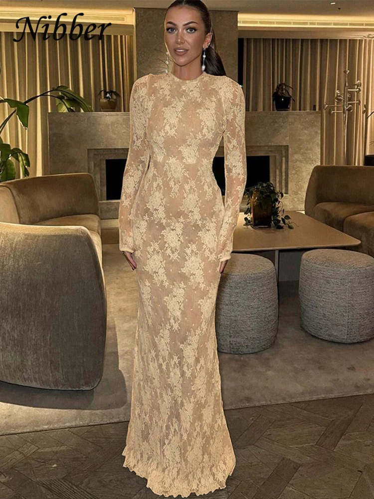 Nibber Knitted Jacquard Dress Women oNeck Full Sleeve Sexy See Through Midnight Hipster Banquet Party Elegant Fit Long Bodycon 250222