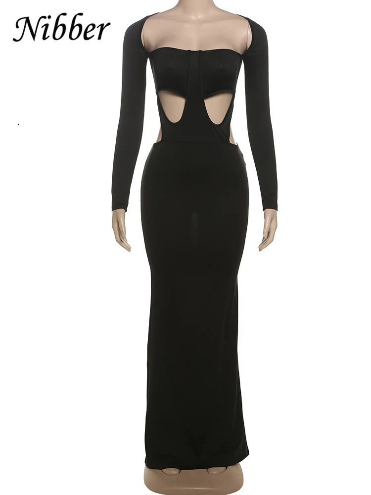 Nibber Irregular Hollow Dress Women Sexy Slash Neck Solid Full Sleeve Autumn Elegant Trend Prom Club Party Stretch Long Bodycon 250222