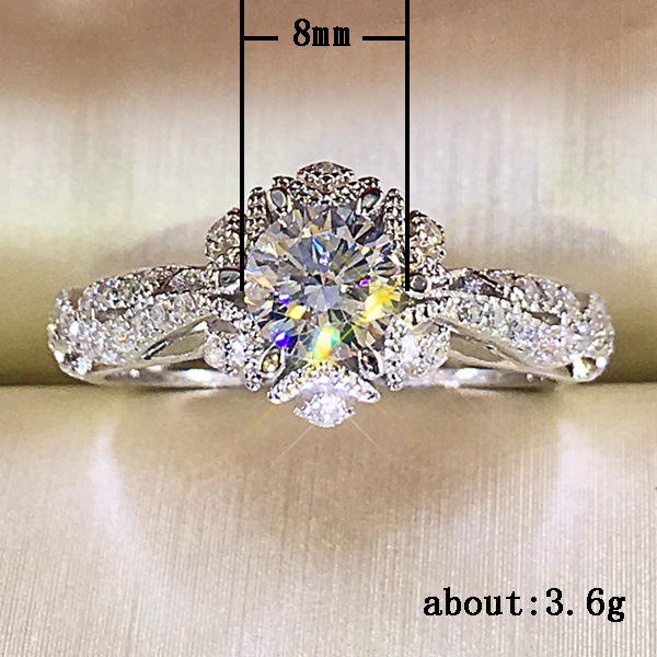 Solitaire Ring 925 Silver Micro-Inlaid Zircon Flower Diamond Ring Women White Crystal Wedding Ring Fashion Party Jewelry Gift