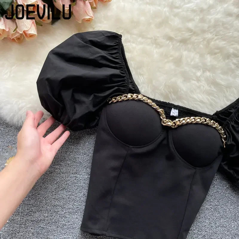Belly Button Shirt Chic Chain Off Shoulder Expose Clavicle Tank Top Summer Puff Sleeve Crop Tops Women Elegant Sexy Slim Blouses 250222