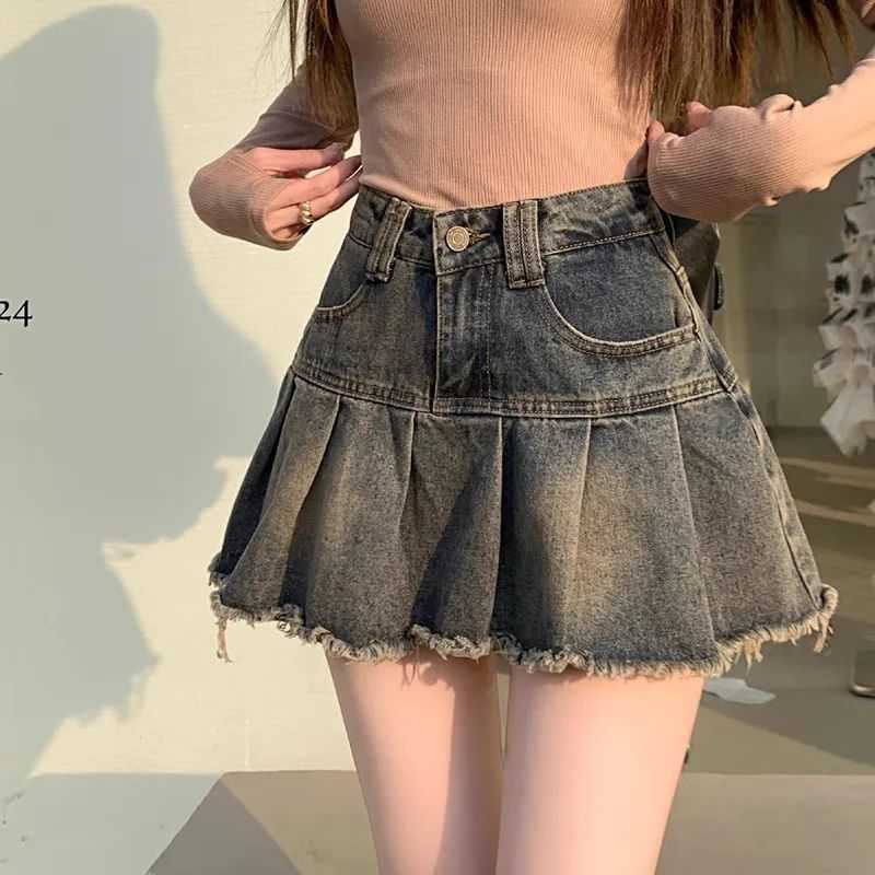 D51150 Retro distressed pleated denim skirt for women summer high waist slimming anti-exposure hip skirt trendy