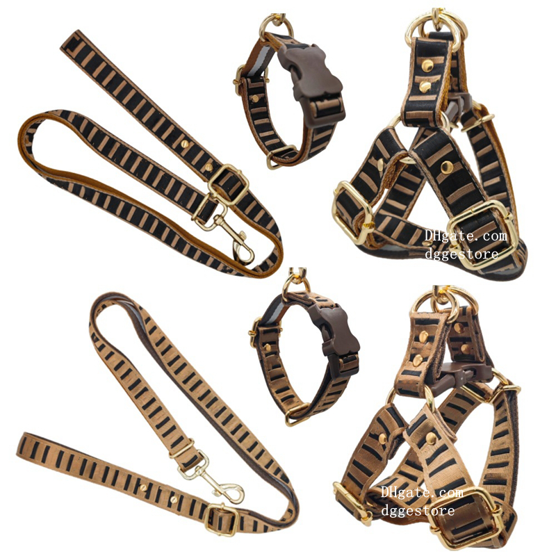 Designer Dog Harness Collar and Leash No Pull Dog Harness Luxury Style Durable Adjustable Dog Collar with Classic Pattern for Small Medium Large Dogs Brown L B212