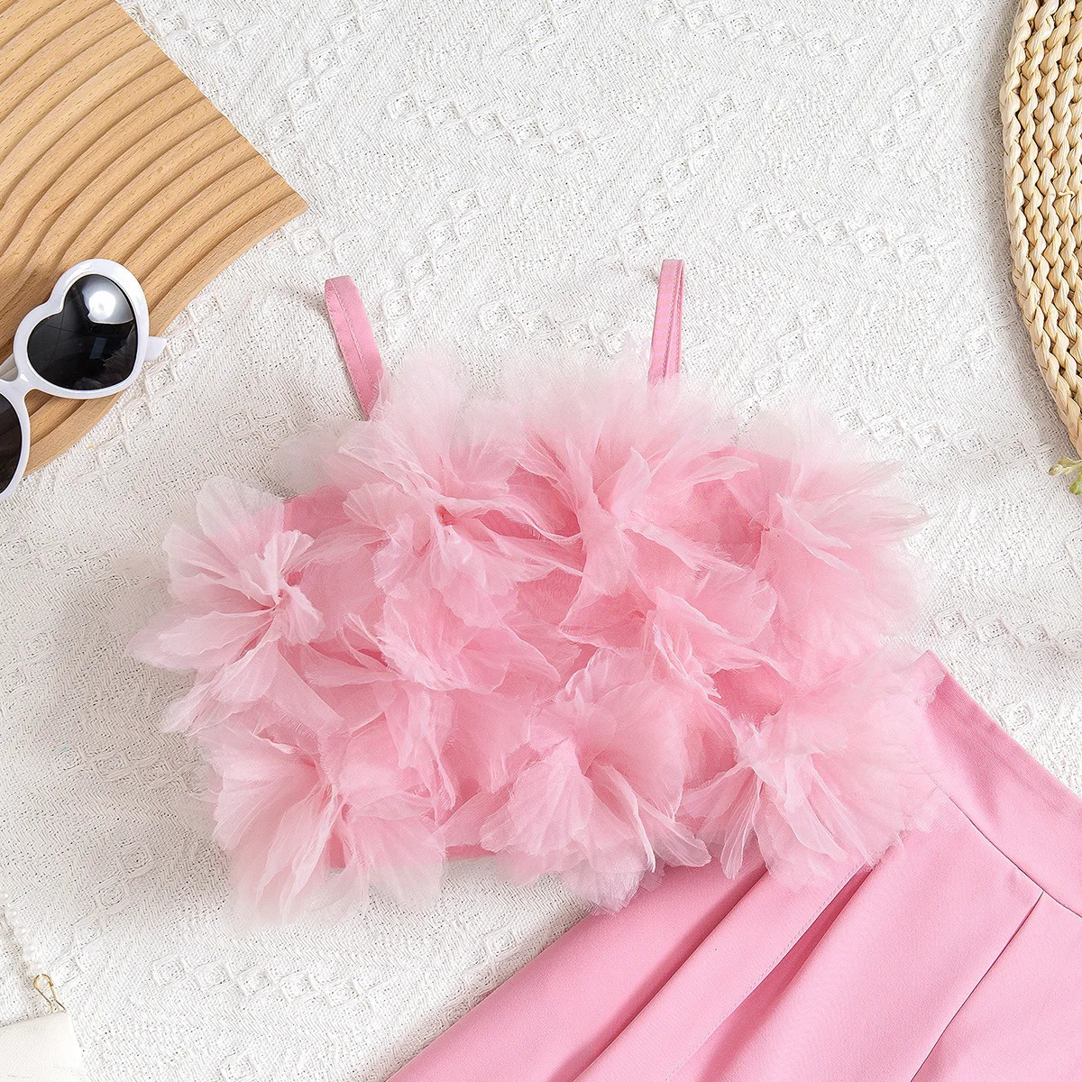 Prowow Children Clothing Summer Girls Pink Outfit Sets Lace Mesh Flower Vest and Long Pants Kids Clothes Girls Elegant Sets 250224