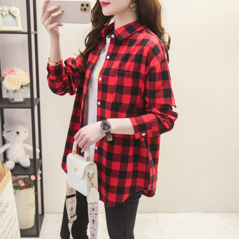Fashion Loose Womens Plaid Shirt Fresh College Style n Blouses And Tops Long Sleeve Casual Female Checked Clothes 250224