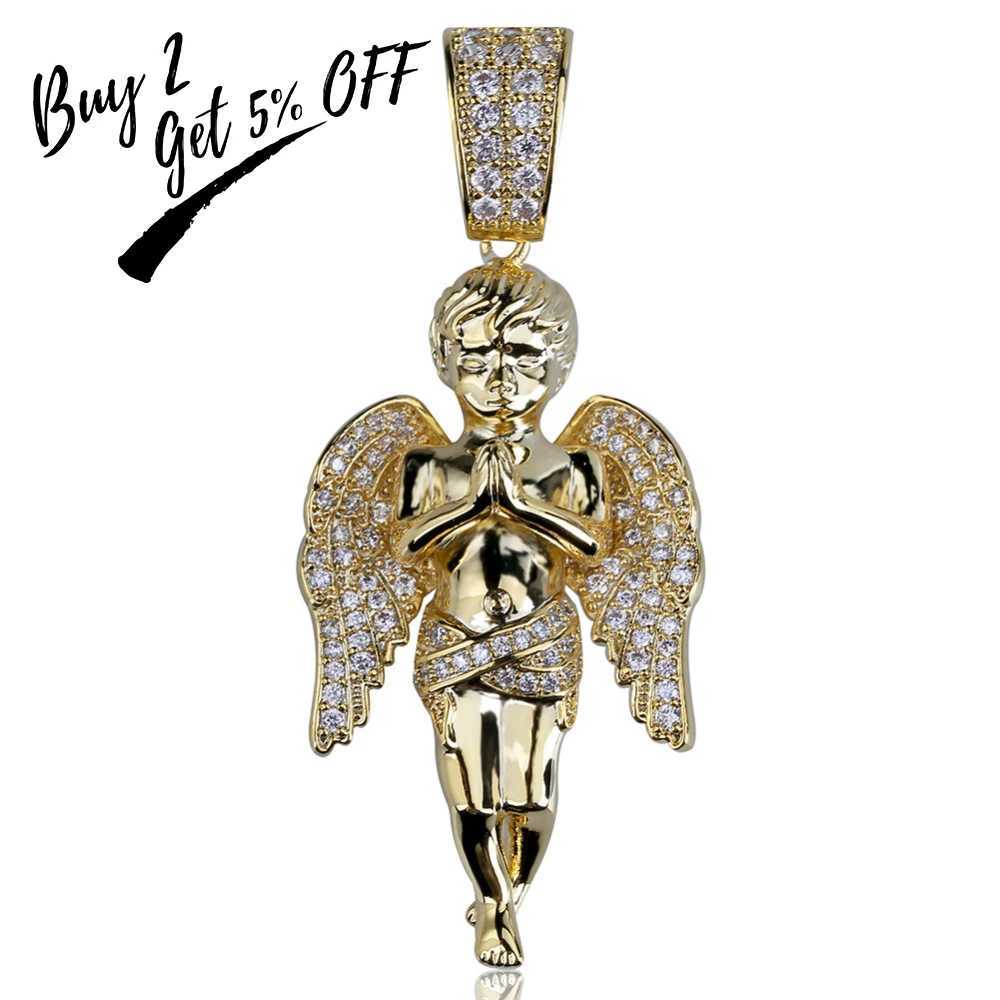 TOPGRILLZ HipHop Mens Wen Necklace Gold Color Plated and Out Micro Pave CZ Stone Angel Pendant Necklaces Gifts X250224