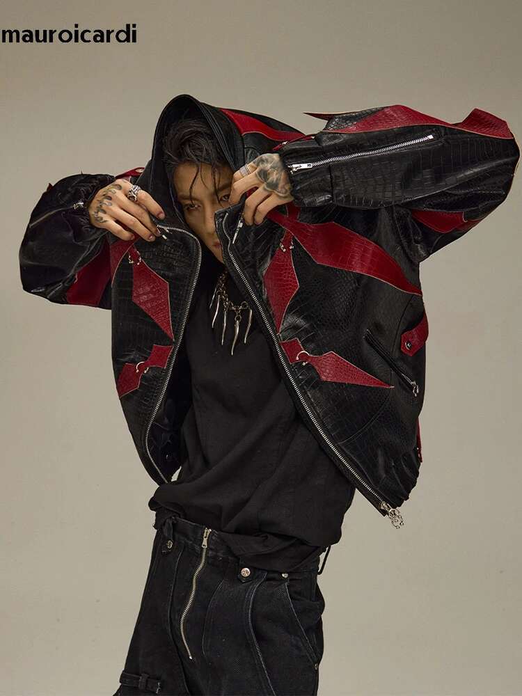 Mauroicardi Spring Autumn Cool Handsome Crocodile Print Patchwork Pu Leather Jacket Men Color Block Designer Clothes 2024