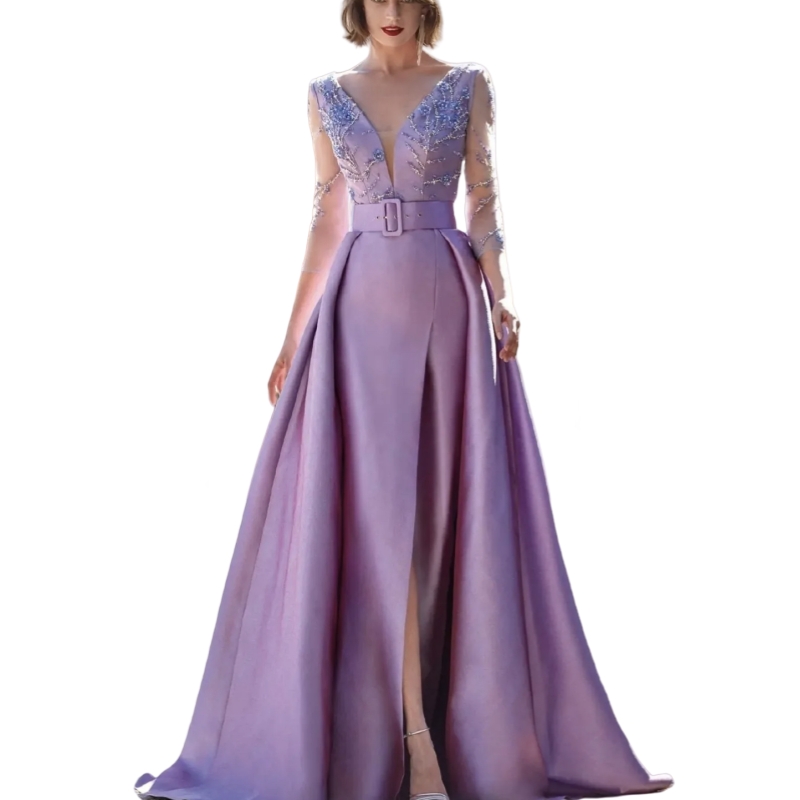 Elegant Lavender Satin Evening Dresses With Detachable Skirt 2025 3/4 Long Sleeves Deep V-Neck Beading Front Slit Prom Dress Special Occasion Gowns 20