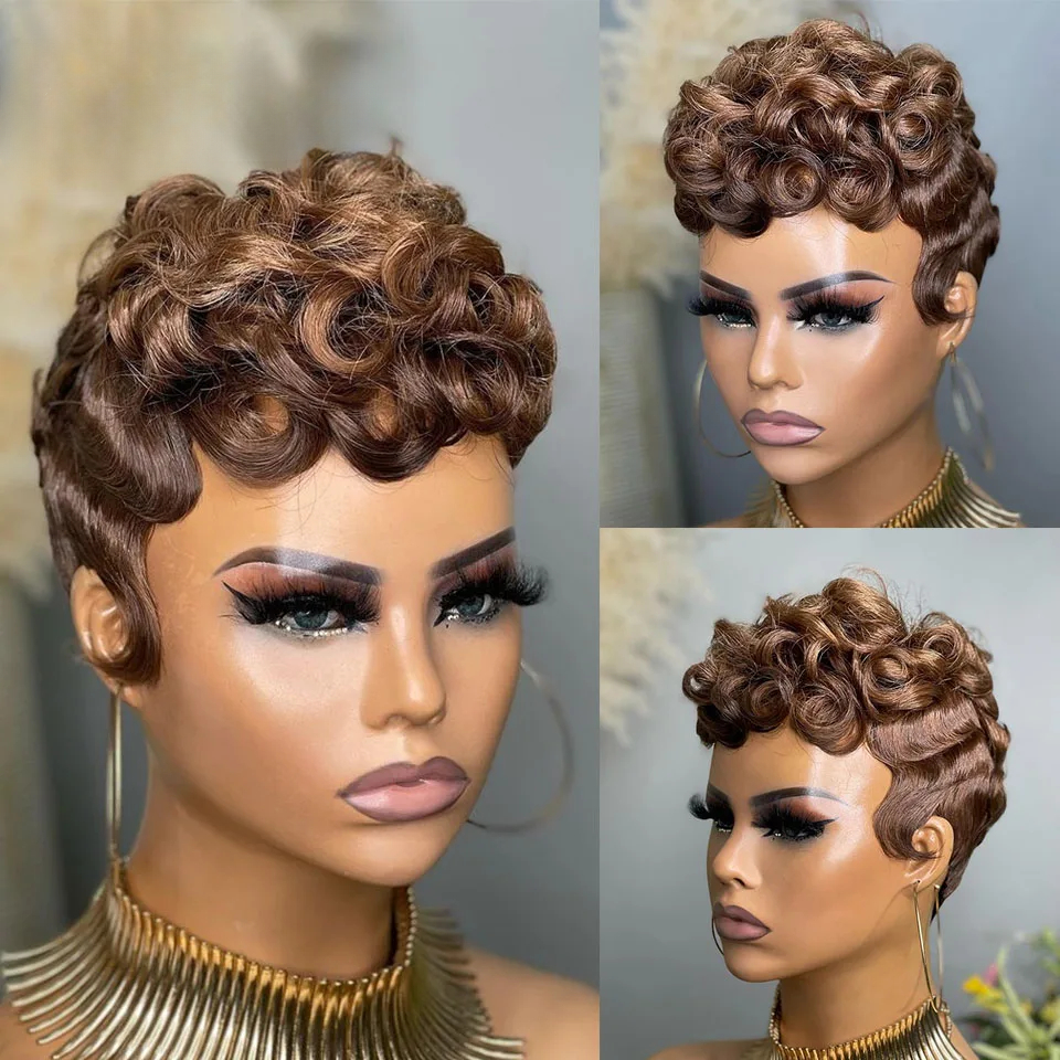 Free shipping 180density Brazlian Red /brown/ Blonde Finger Wave Wig Short Curly Full Lace Front for Women Pixie Cut Wigs Human Hair Cosplay Halloween