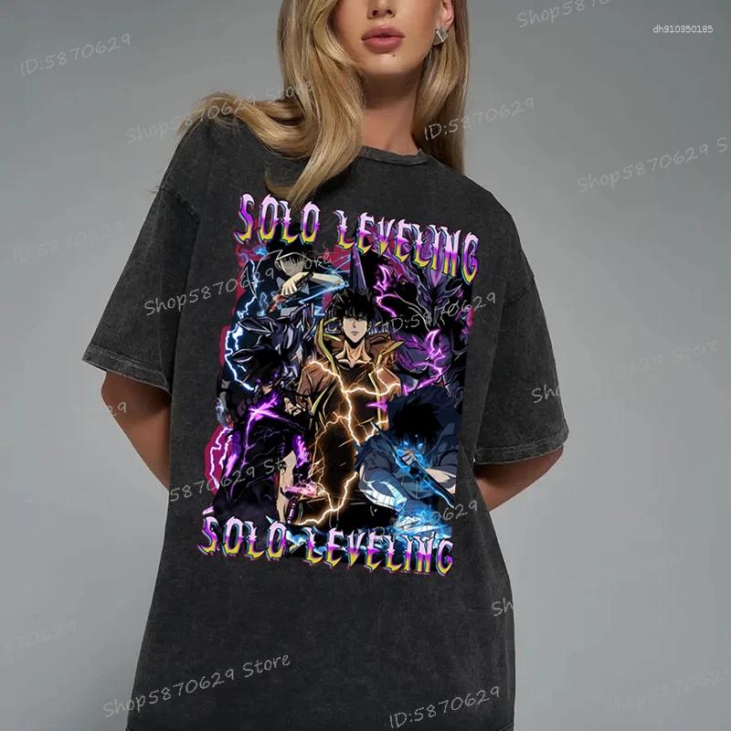 Men's T Shirts Anime Solo Leveling Shirt Cotton Vintage Washed Sung Jin Woo T-shirts Streetwear Retro Manga Men Women Tops