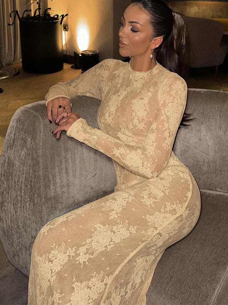 Nibber Knitted Jacquard Dress Women oNeck Full Sleeve Sexy See Through Midnight Hipster Banquet Party Elegant Fit Long Bodycon 250222