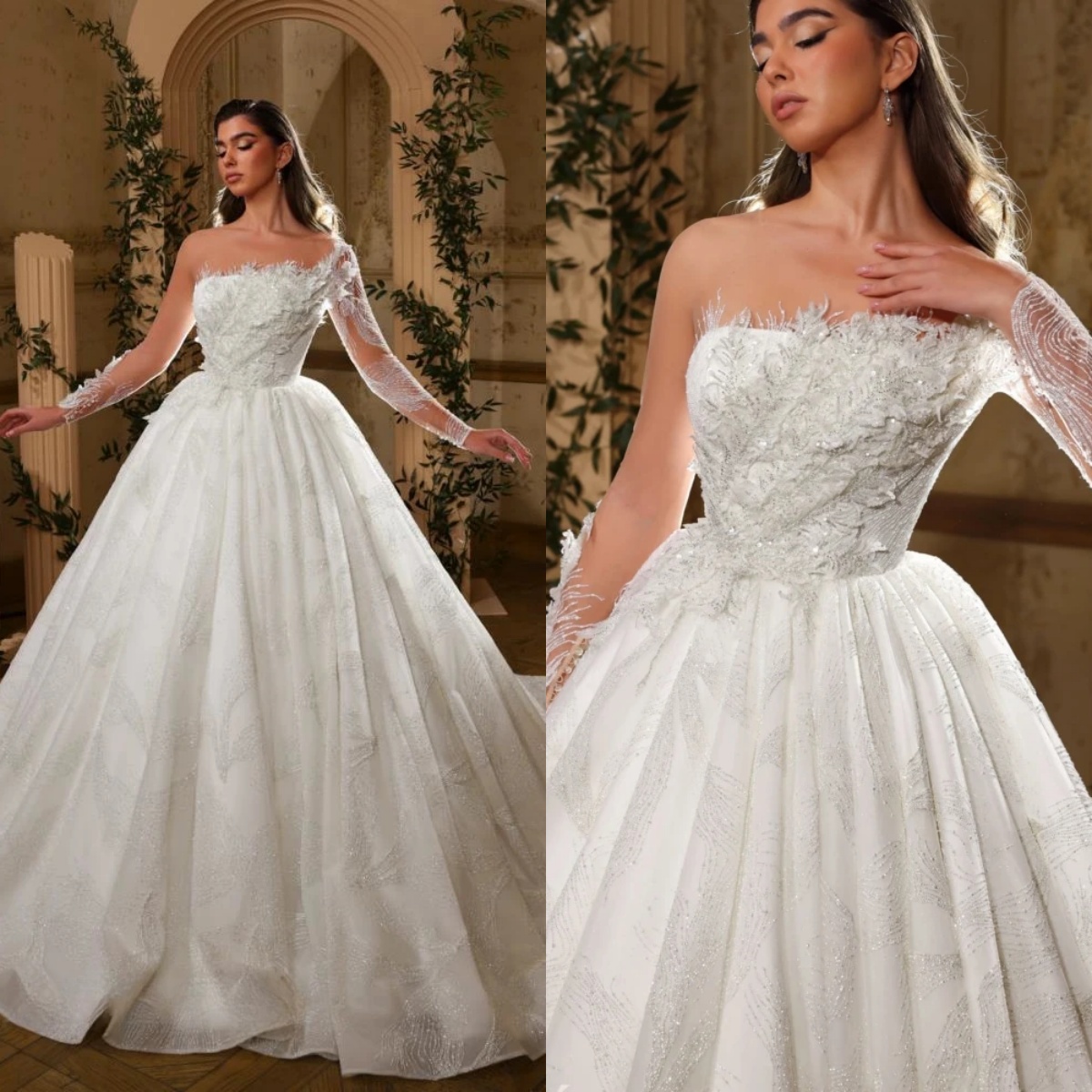 Classic A e Women Wedding Sheer Neck Long Sleeves Bridal Gowns Appliques Sweep Train Dress Custom Made