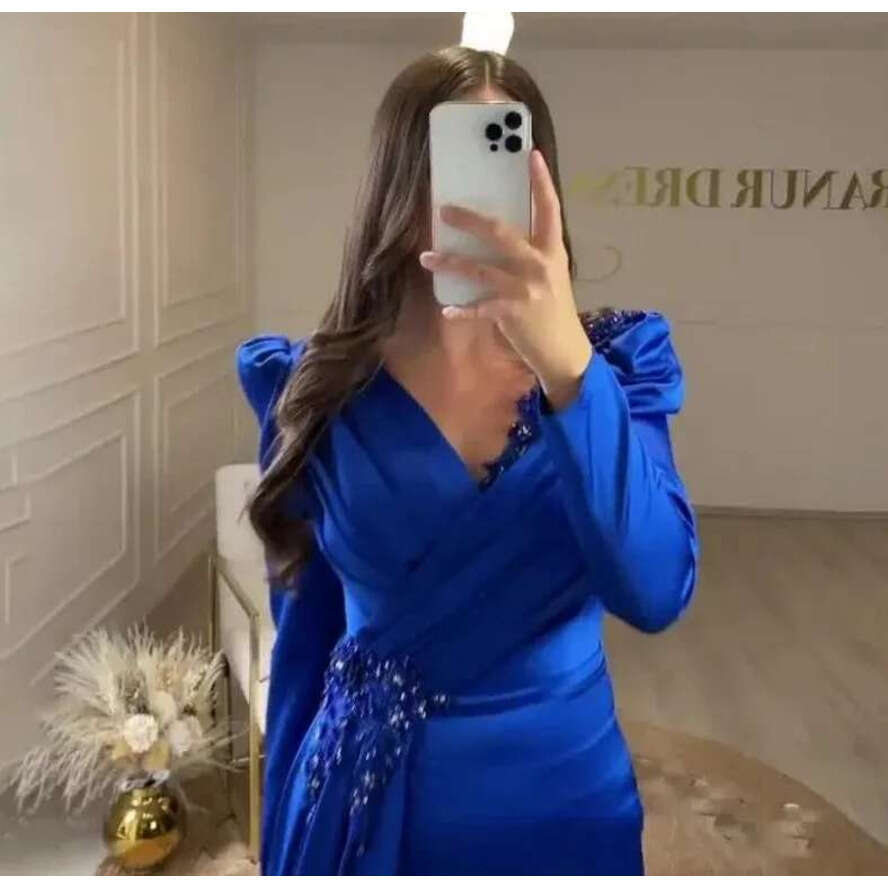 Blue Royal Arabic Aso Ebi Evening Dresses V Neck Lace Appliques Beads V Neck Satin Women Mermaid Formal Prom Gowns Night Party Robe De Soiree