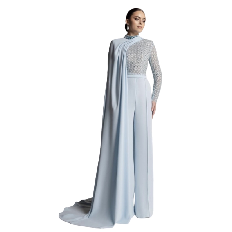Elegant Arabic Ladies Prom Jumpsuits Lace Long Sleeves Beaded Evening Dresses With Cape Wrap High Neck Special Occasion Gowns