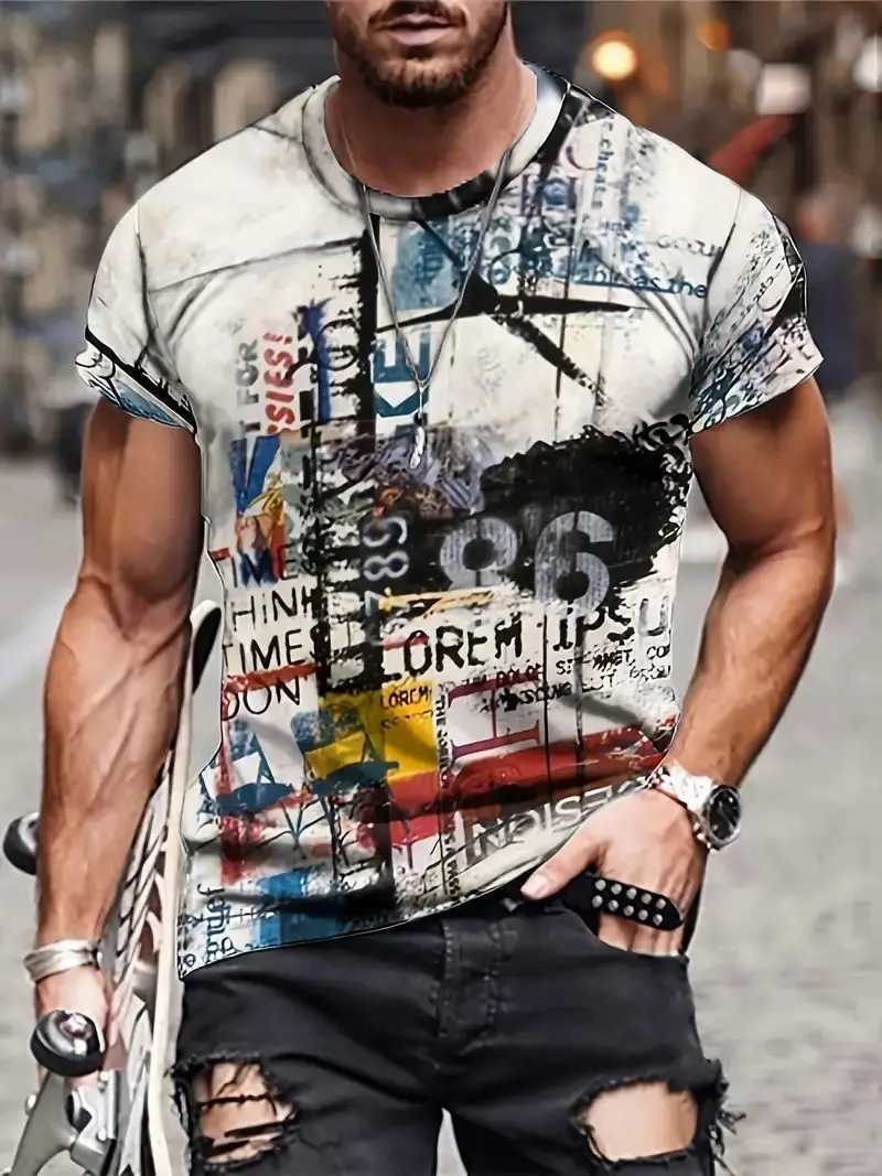 Mens new 3D art graffiti printed T-shirt casual fashion T-shirt street style short sleeved crew collar shirt mens oversized clothing W250224