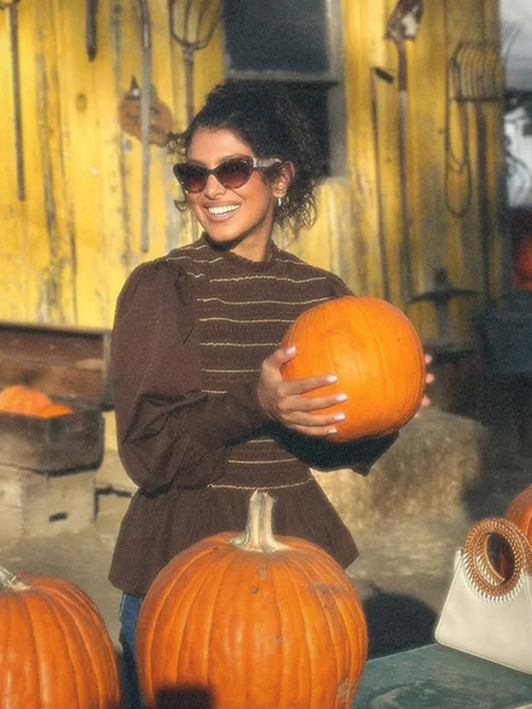 Vintage Striped Women Pleated Printed Blouse Fashion Round Neck Long Sleeves Slim Shirt Spring Female High Street Outerwear 250222