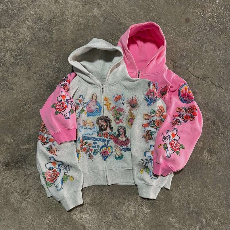 Vintage Risen King Graphic Print Oversized Zip-Up Hoodie Men Y2k Spring Long Sleeves Casual Sweatshirt Streetwear Ropa Hombre