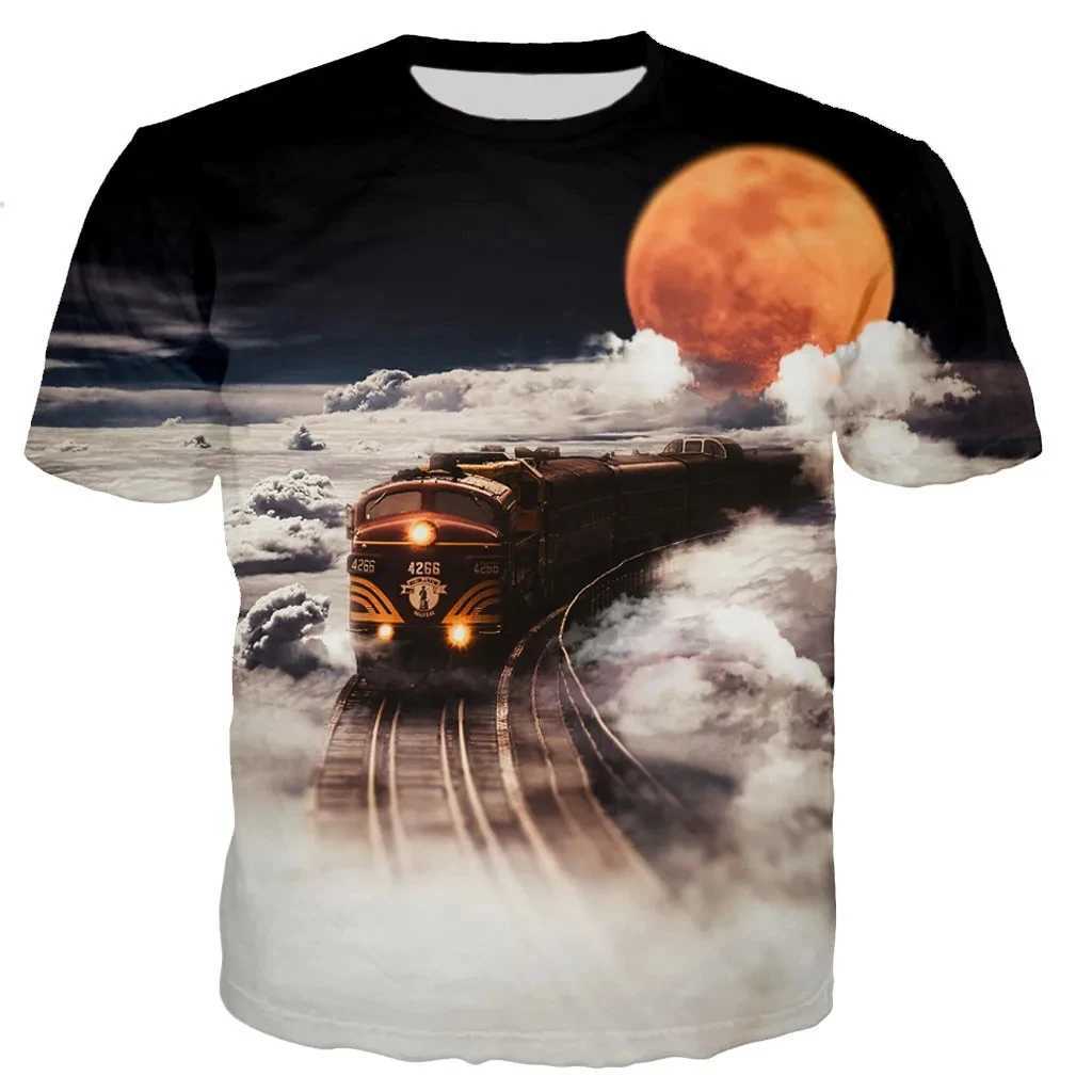 Fashion Trend Summer New Retro Train Engine Pattern Printed Mens T-shirt Street Fashion Cool Round Neck Plus Size Top W250224