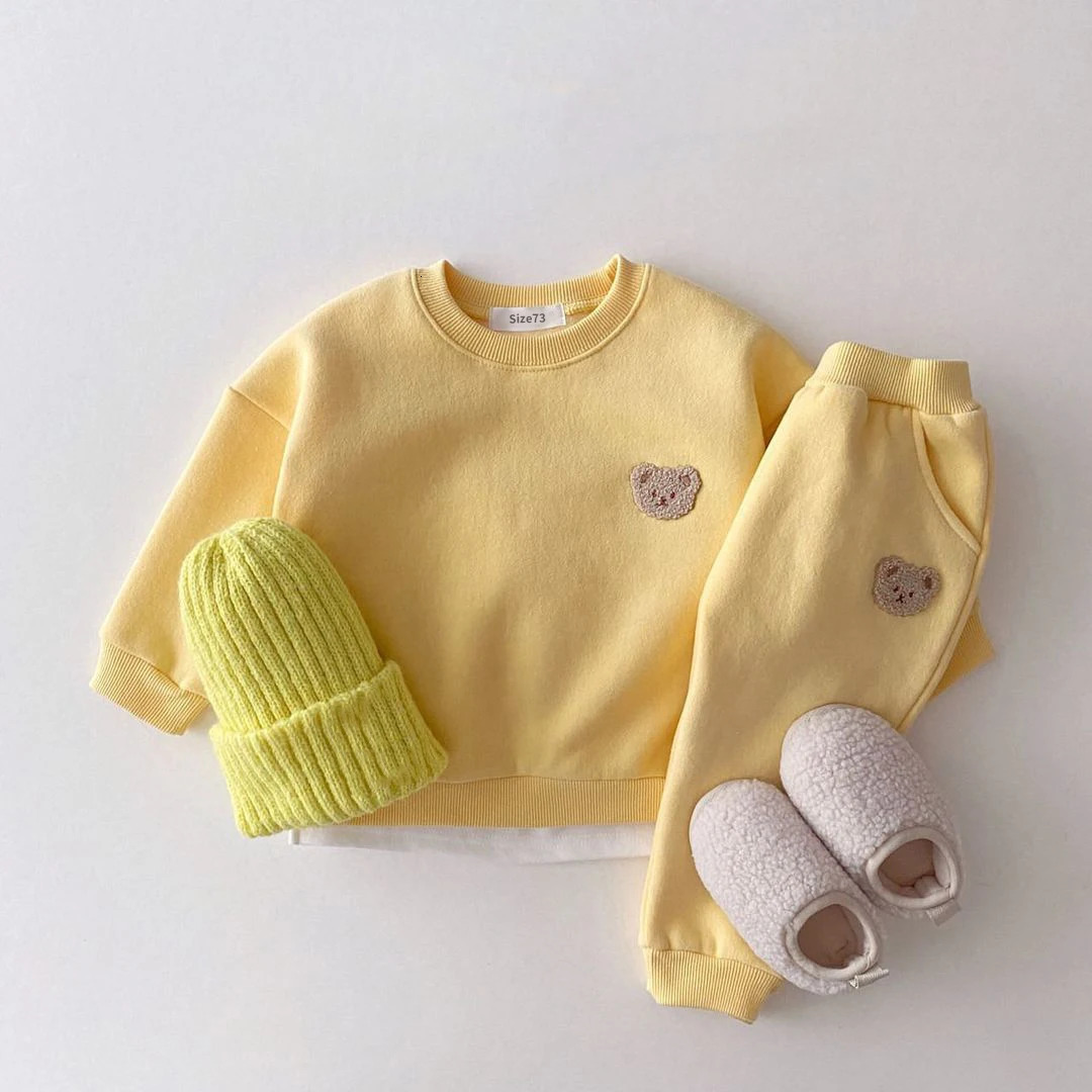Korean Baby Boys Winter Clothes Sets Warm Bear Velvet Fleece Lined Pullover Sweatshirt TopsHarem Pants 2pcs Girl Sports Outfits 250224