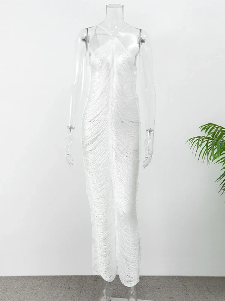 Sexy Tassels Shinny Off Shoulder Back Slit Halter Evening Dress Women Strapless Sleeveless Long Vestidos Female Party Dresses 250222