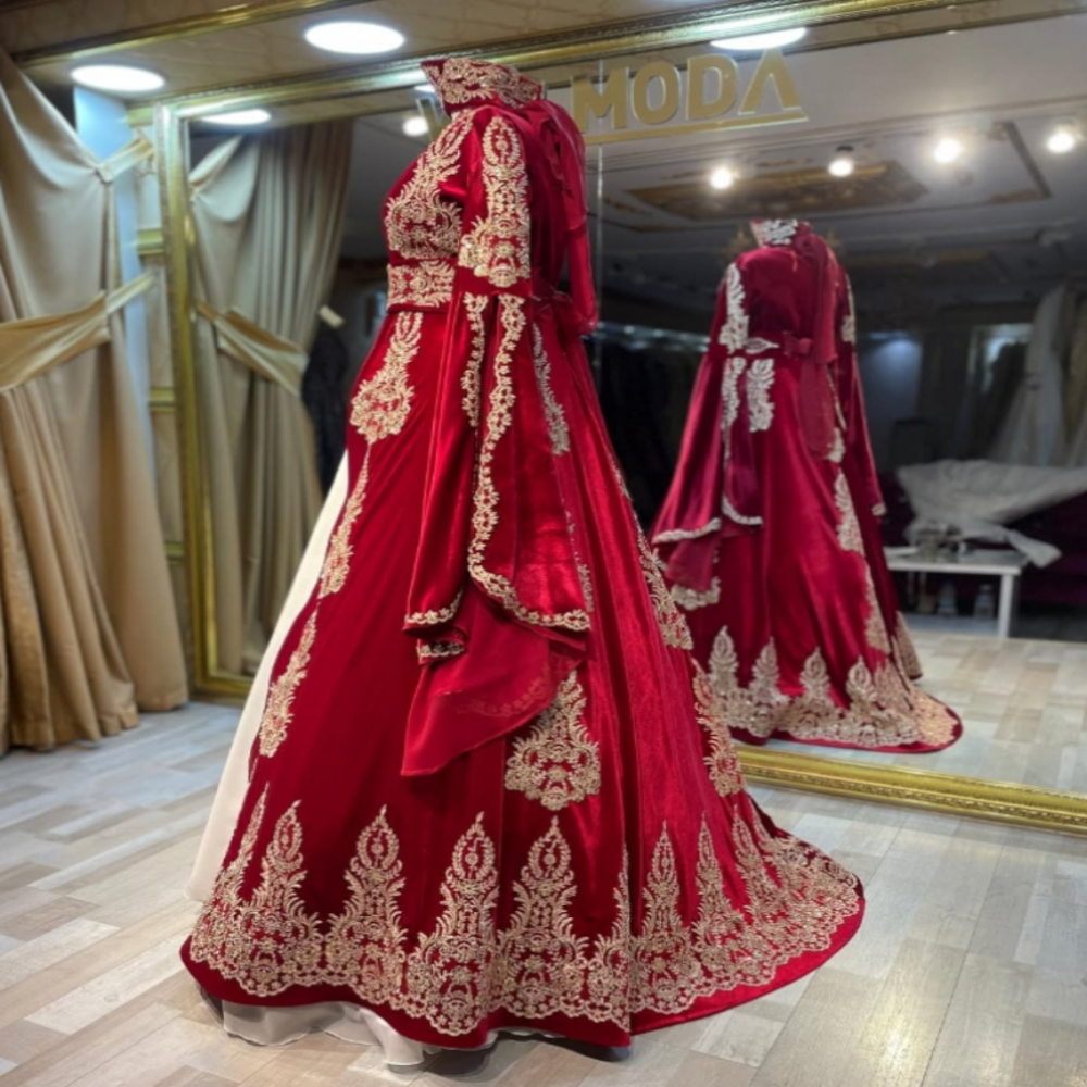 Gorgeous Red Moroccan Wedding Dress Caftan Turkish Jellaba Bride Dress 2025 Long Sleeve Lace Arabian Algerian Bridal Irish Vestido De Noiva Casamento 