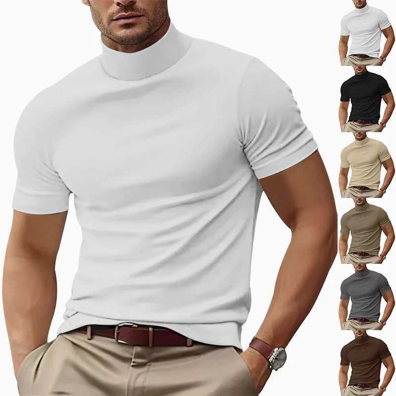 Cross-border summer new mens casual T-shirt fashion semi-high neck slim-fit solid color base trend W250224