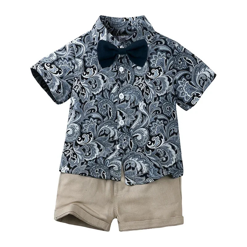 Boys Clothes Sets Infant Kids Floral Print Short Sleeve Shirt Bowtie ShirtShorts Baby Gentleman Suits Summer Hawaiian Outfit 250224