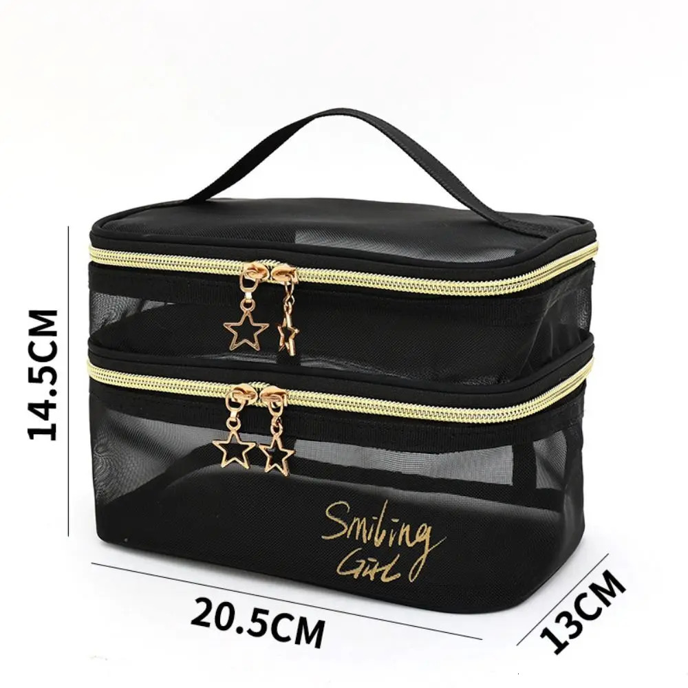 Double layer black mesh makeup bag travel portable large capacity makeup box organizer storage bag zipper makeup bag 250214
