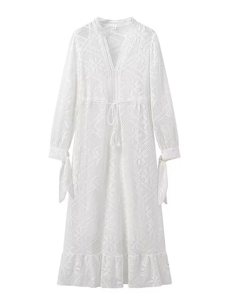 ed White Lace Midi Dress Women 2 Pieces Suits Fashion Elegant Spring Summer Lady Dresses Boho Beach Style 250222