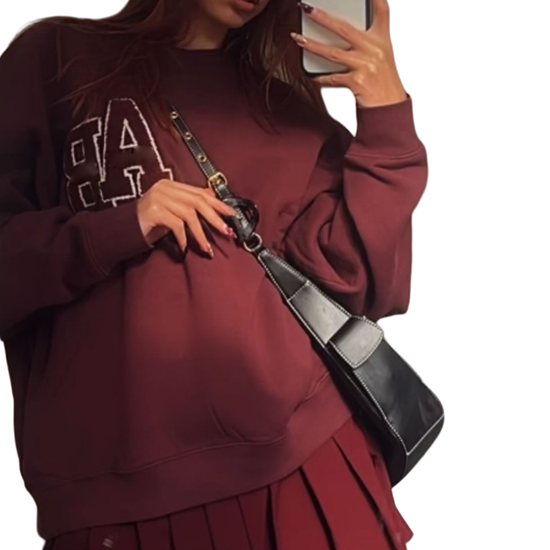 2025 Spring and Autumn Women's Sweatshirt Letter Printing Long Sleeve Round Neck Pullover Tops Wine Red Black Gray white Women's Sweatshirt